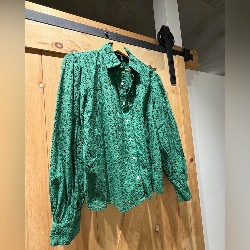 Green Eyelet Button-Up Blouse
